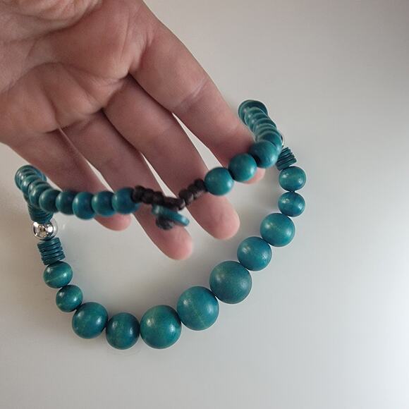 Vintage 1970s Teal Wooden Bead Necklace 27 Inch Chunky Boho Statement Jewelry - Picture 8 of 9